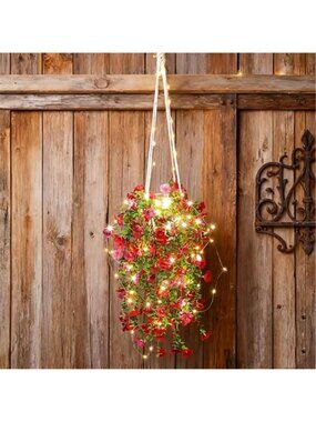 Artificial Hanging Plants with LED Lights Outdoor Indoor Faux Greenery Basket